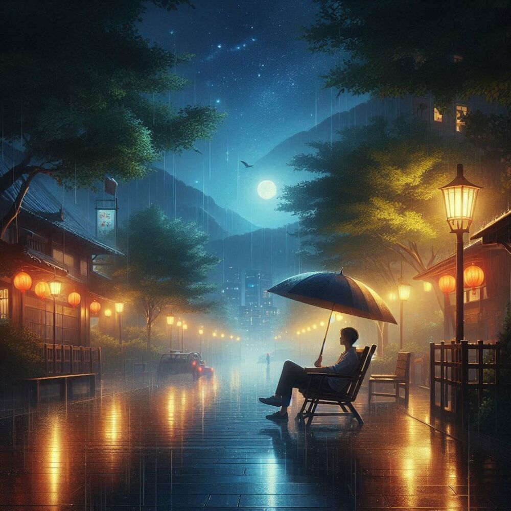 Picture of Heavy Rain at Night in the Square of my Neighborhood