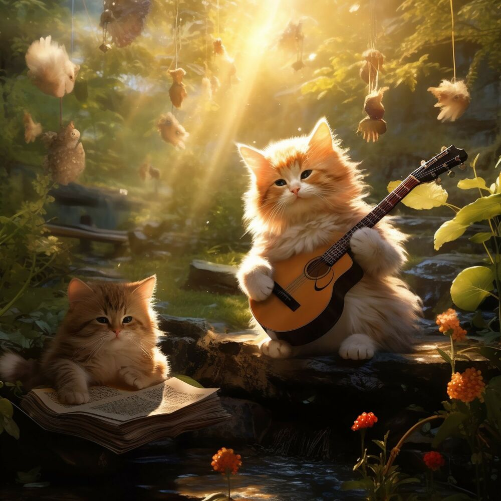 Picture of Paws in Cascading Melodies: Cats' Waterfall Serenity