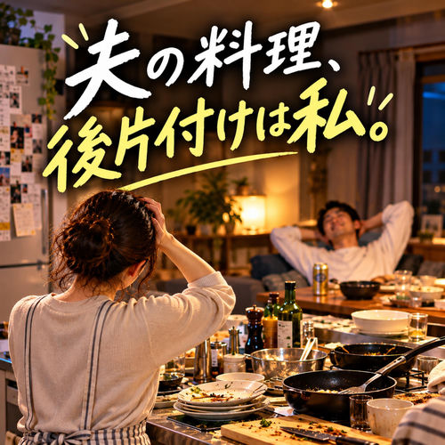 夫の料理、後片付けは私。