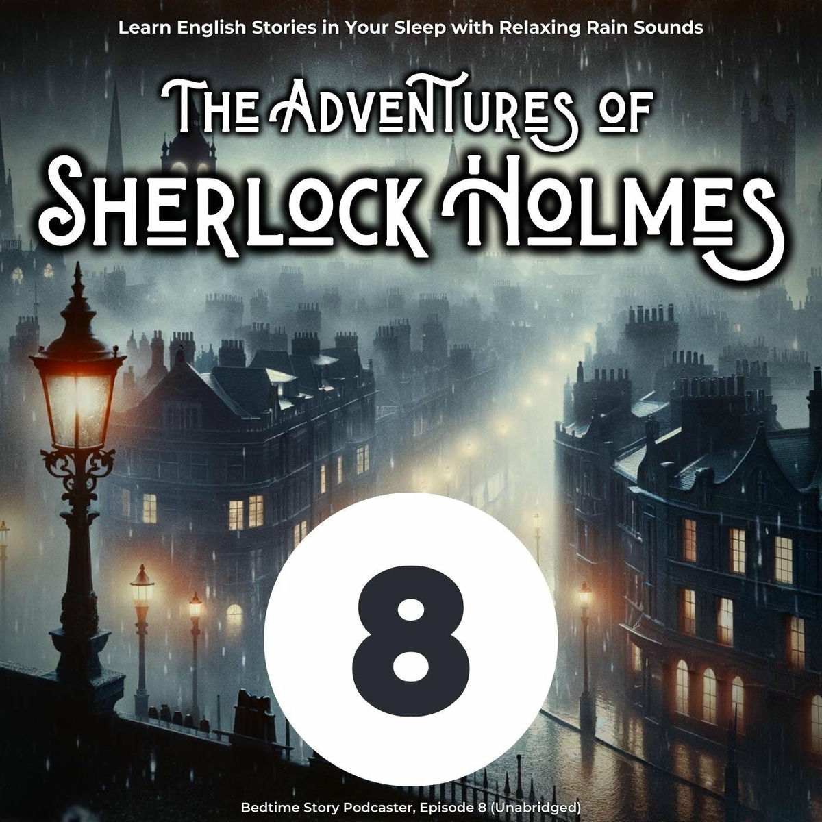 Album cover of Learn English Stories in Your Sleep with Relaxing Rain Sounds: The Adventures of Sherlock Holmes, Episode 8 (Unabridged)