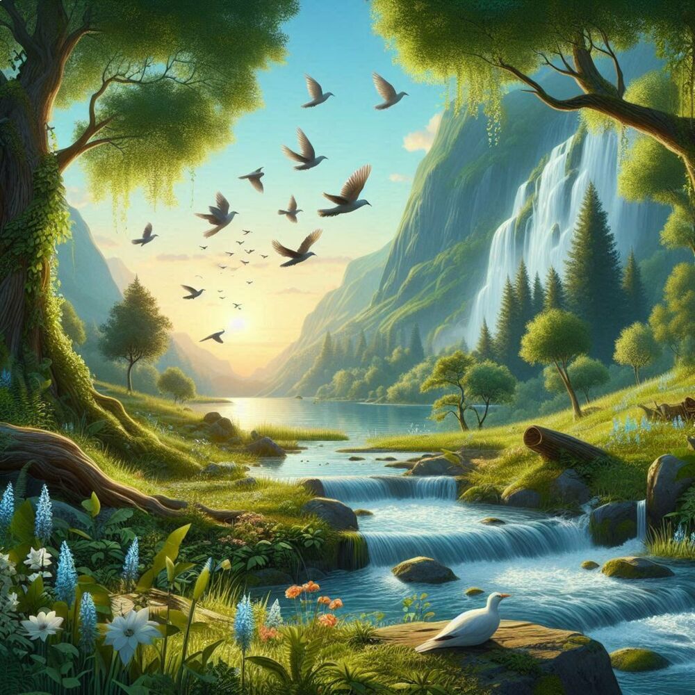 Picture of Relaxing Landscape with Birds and Flowing Water in the Background