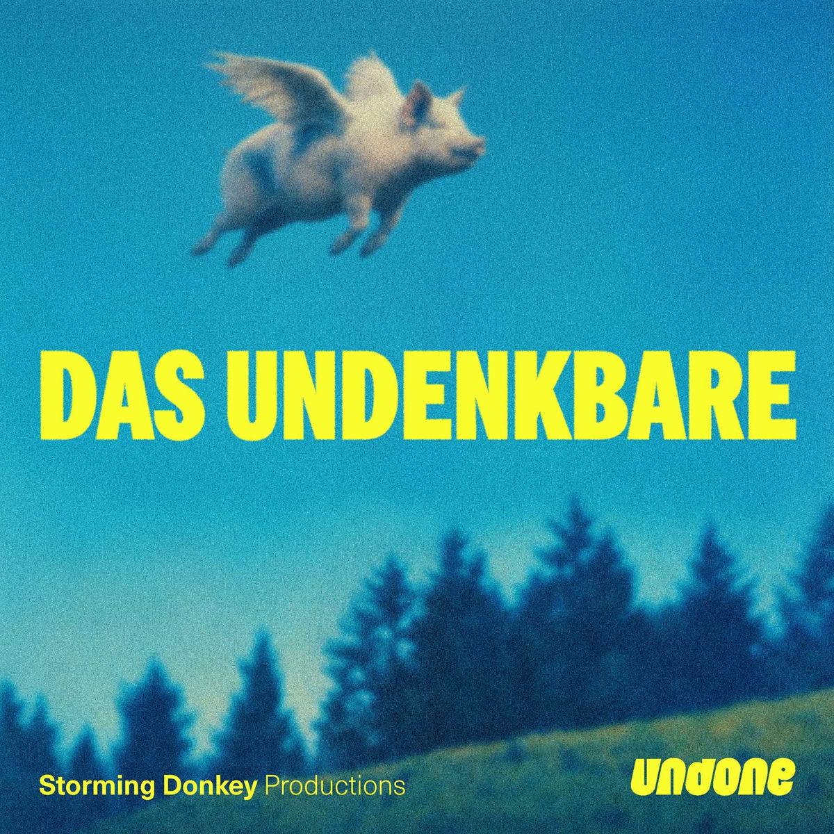 Ein Schwein mit Flügeln am blauen Himmel über einer grünen Wieses darunter in Gelb "Das Undenkbare" als Text